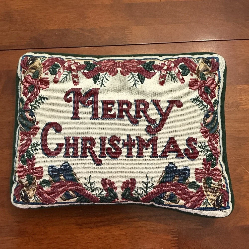 Vintage Tapestry Needlepoint Merry Christmas Holiday Throw Pillow Grannycore
